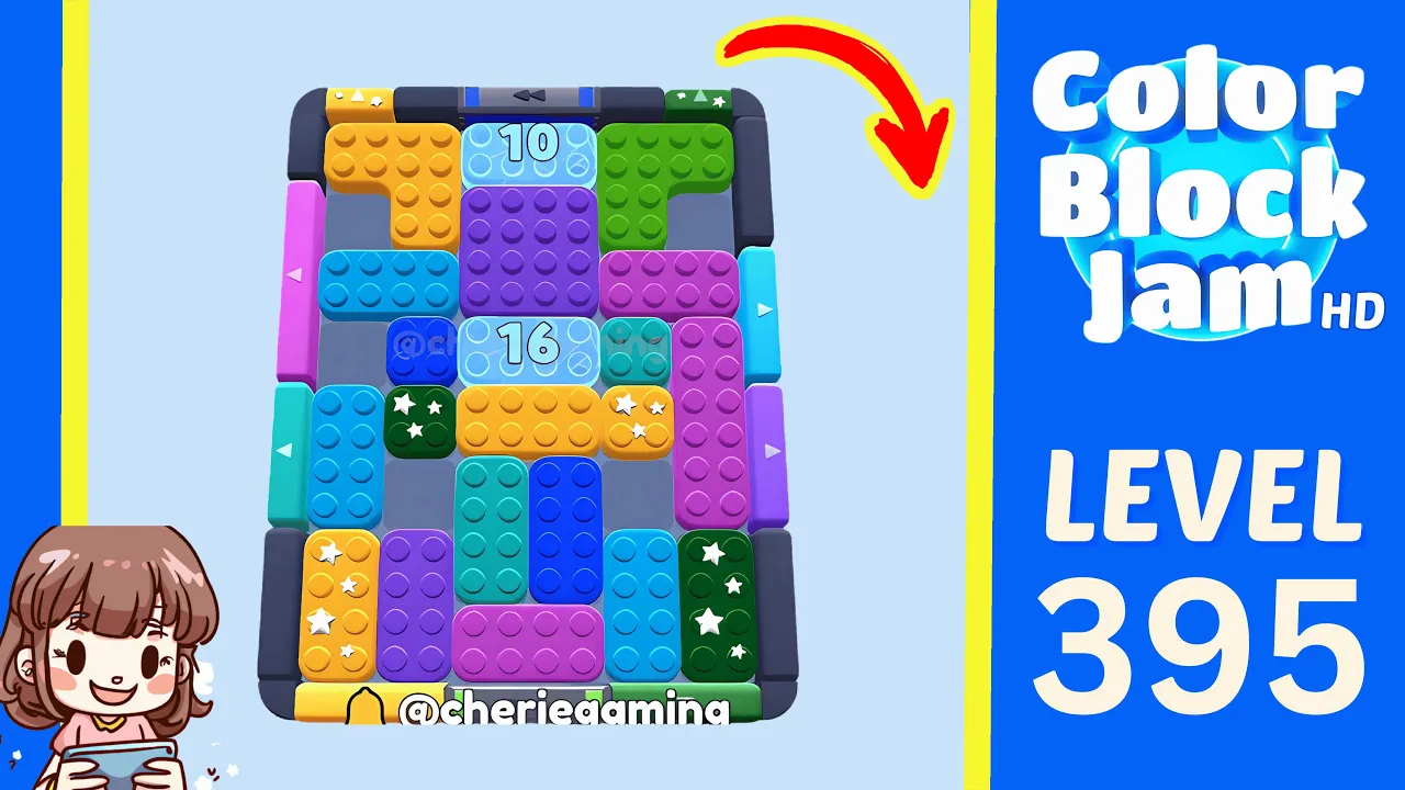 Color Block Jam Level 395 countdown 10 and 16 board opening frame