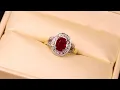 R1 55ct Oval Ruby Ring with Diamond Halo Shoulders Set in 18ct Yellow Gold