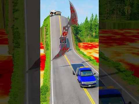 Big & Small Van Cars GO TO Downhill to VERY GIANT Spinning BATARANG in BeamNG.Drive