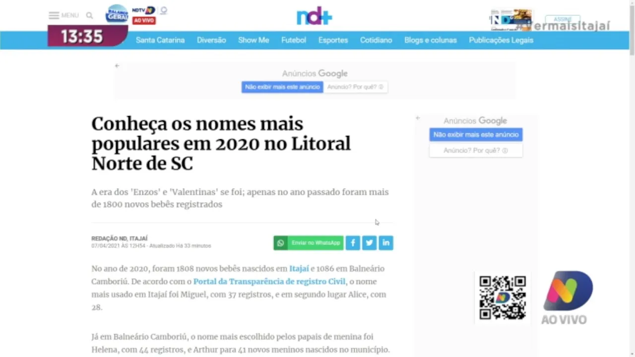 Conheça os nomes mais populares em 2020 no litoral norte de SC