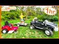 Landscaping compilation with kids ride on zero turn mower tractor truck and chainsaw Educational