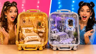 💛🩶 GOLD VS SILVER SUITCASE HOUSES! Ultimate DIY Mini House Makeover Challenge | by 123 GO!
