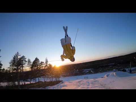 FPV drone footage of freestyle skiing training at Mattsund, Lulea