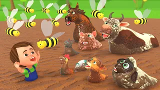 Baby Animals Playing in Mud to Escape Bees 🐝 | Funny Animal Bath Time | Farm Animals Sounds & Names