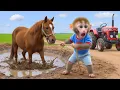 Baby monkey NaNa drives a tractor and rescues a horse trapped in the mud