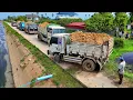 Lagu New Job Move Carefully Dump Truck Filling up Land with Dozer KOMATSU Push Soil Near Canal