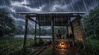 Camping Alone at a Remote Jungle Lake, Fishing Through Heavy Rain and Strong Winds