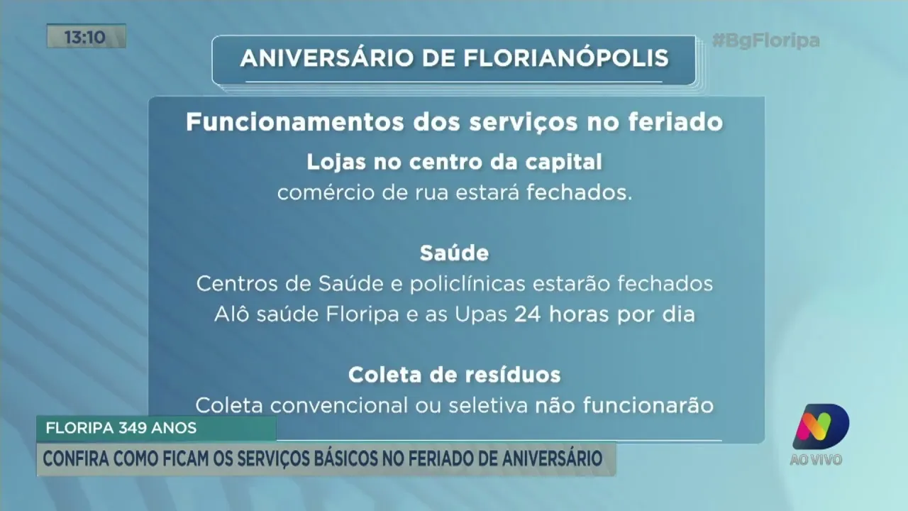 Floripa 349 anos: confira como ficam os serviços básicos no feriado de aniversário
