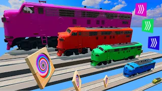 Small to Big Trains vs Speed Boost with Portal Trap - Crane Truck vs Giant Pit - BeamNG #112