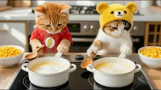 Popcorn kernels drop — Superman Kitten & baby bro stare as the pot goes nuclear! 🍿💥