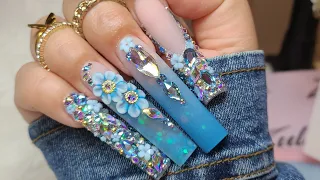 2xl Glow Blue Bling Bling Nails 3d Flower Beginner Friendly TUTORIAL