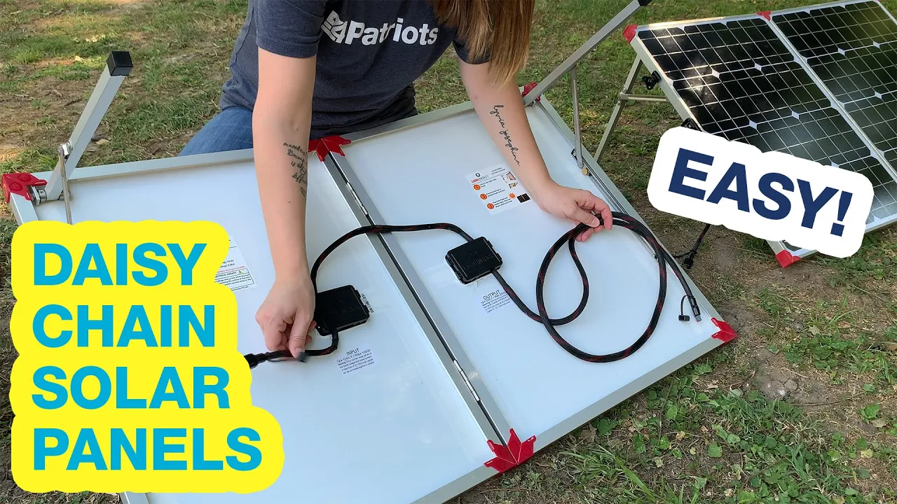 A person demonstrates how to daisy chain 4Patriots solar panels using quick-connect cables, showing how easy it is to expand solar power for backup generators.