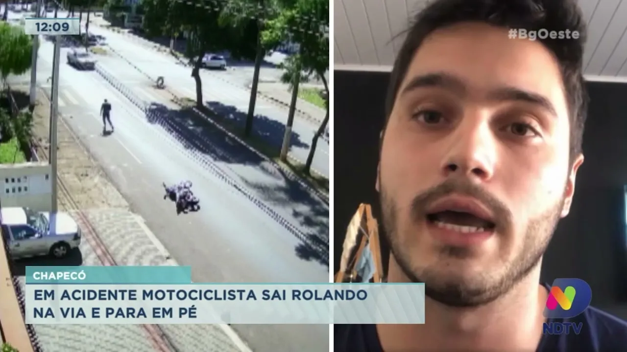 Acidente entre motos: câmera de segurança grava motociclista deslizando no asfalto em Chapecó