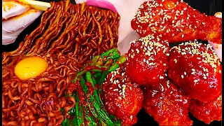 ASMR KIMCHI FRIED CHICKEN, BLACK BEAN NOODLES 비비큐 양념치킨 파김치 짜파게티 먹방 MUKBANG, EATING
