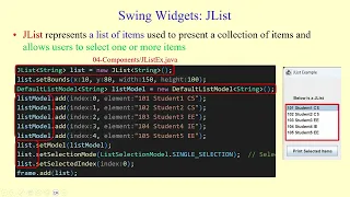 Swing Widgets JLabel JButton JTextField JTextArea JList JComboBox