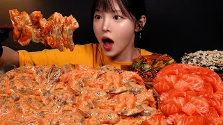 SUB)불닭마요 범벅 생새우 먹방!🦐날치알 불닭마요 연어국수에 광깻무까지 만들어먹기 생새우회 꿀조합 Buldak Mayo Salmon & Shrimp Mukbang Asmr