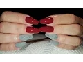 Elegant Red And Gray Coffin Acrylic Nails With Water Tattoos