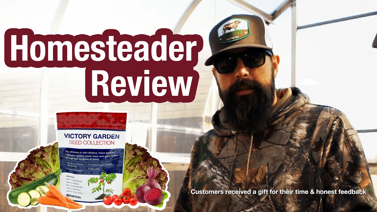 A man in camo and sunglasses stands inside a greenhouse beside a large image of the Victory Garden Seed Collection, with vegetables like lettuce, tomatoes, cucumbers, and carrots pictured. Bold text reads “Homesteader Review,” and a caption notes that customers received a gift for their time and honest feedback.