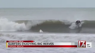 Surfers enjoying big waves from Erin at Topsail Beach