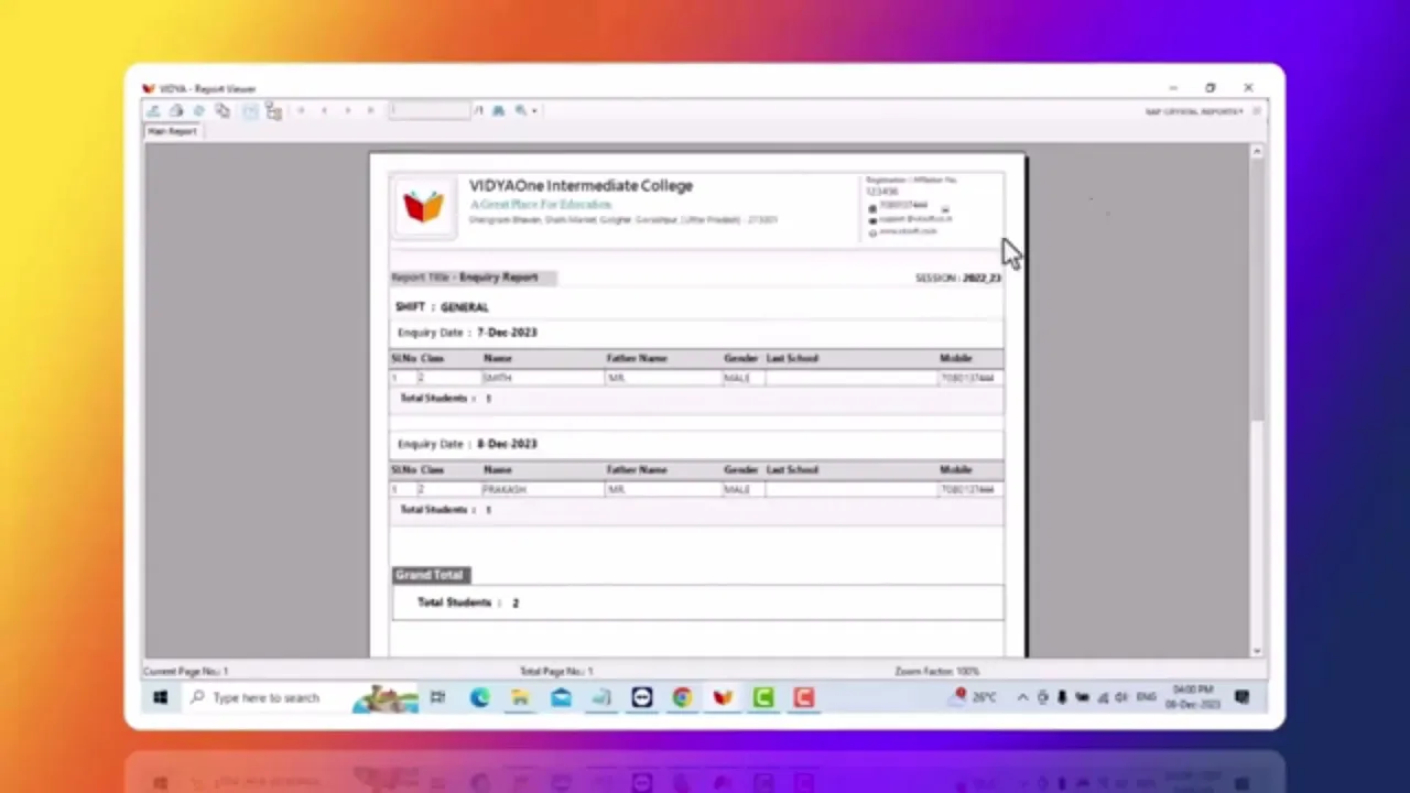 Export & Print Enquiry Report