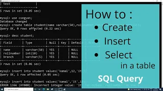 Create Table Insert and Select in SQL MySQL beginners commands Hindi