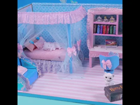 DIY Girly Miniature Room with Canopy Bed & Harry Potter Books 🏠 | Blue Pink Cardboard Craft