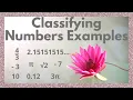 Classifying Numbers - Practice Examples Natural Whole Integer Rational Irrational Real