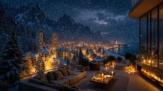 Experience Snowy Coastal City View 4K Cozy Balcony Apartment With Elegant Jazz Instrumental 