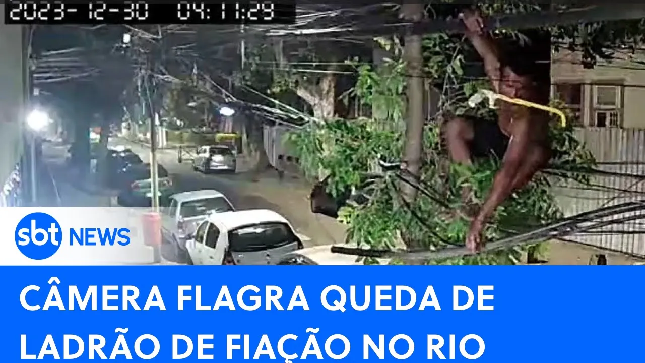 Câmera flagra queda de ladrão pendurado em fiação no Rio