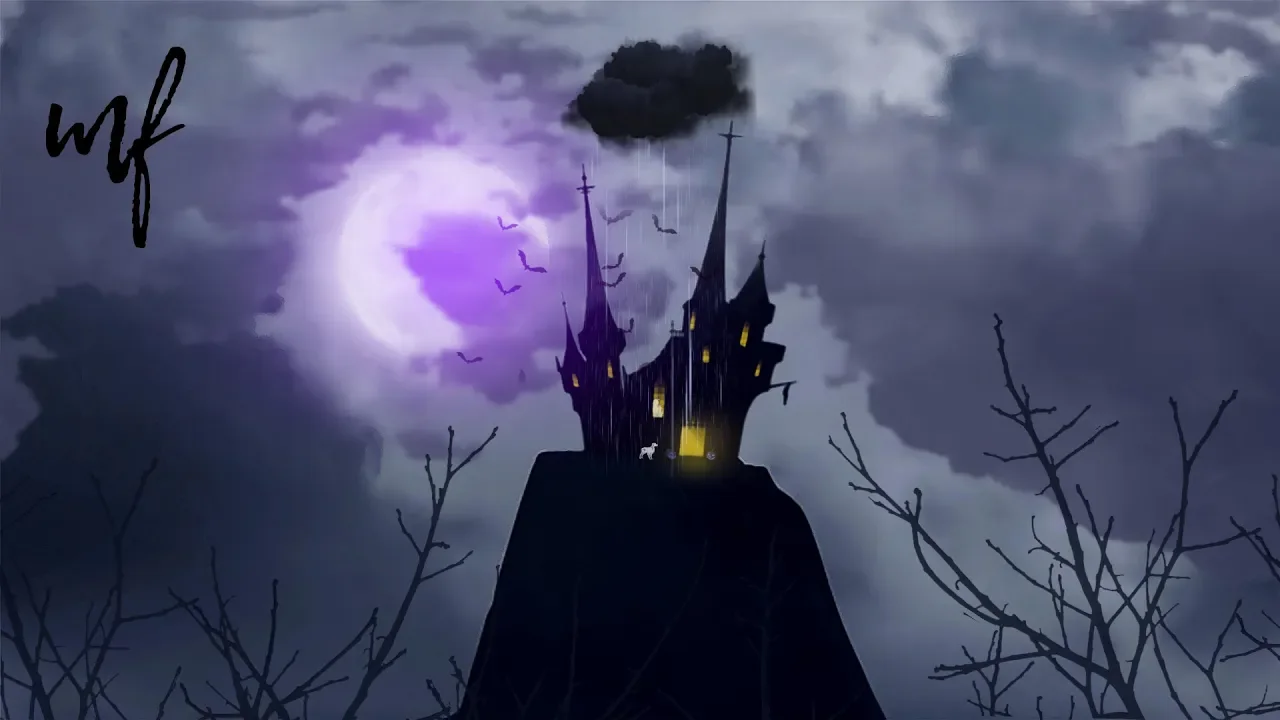 A crooked black castle on a hill under a purple moon, storm clouds and a tiny rain cloud