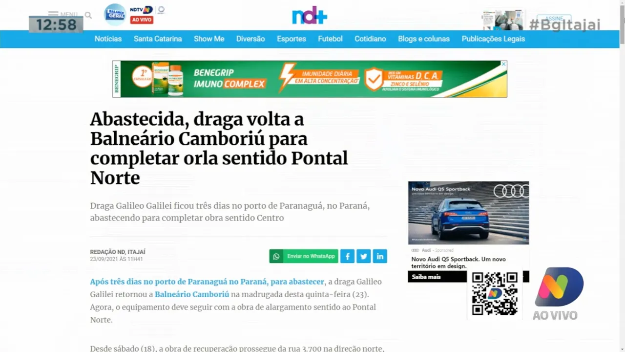 Itajaí começa avaliação para o binário da Osvaldo Reis, e draga esta de volta a Balneário Camboriú