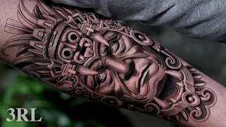 black and grey aztec headdress tattoo timelapse