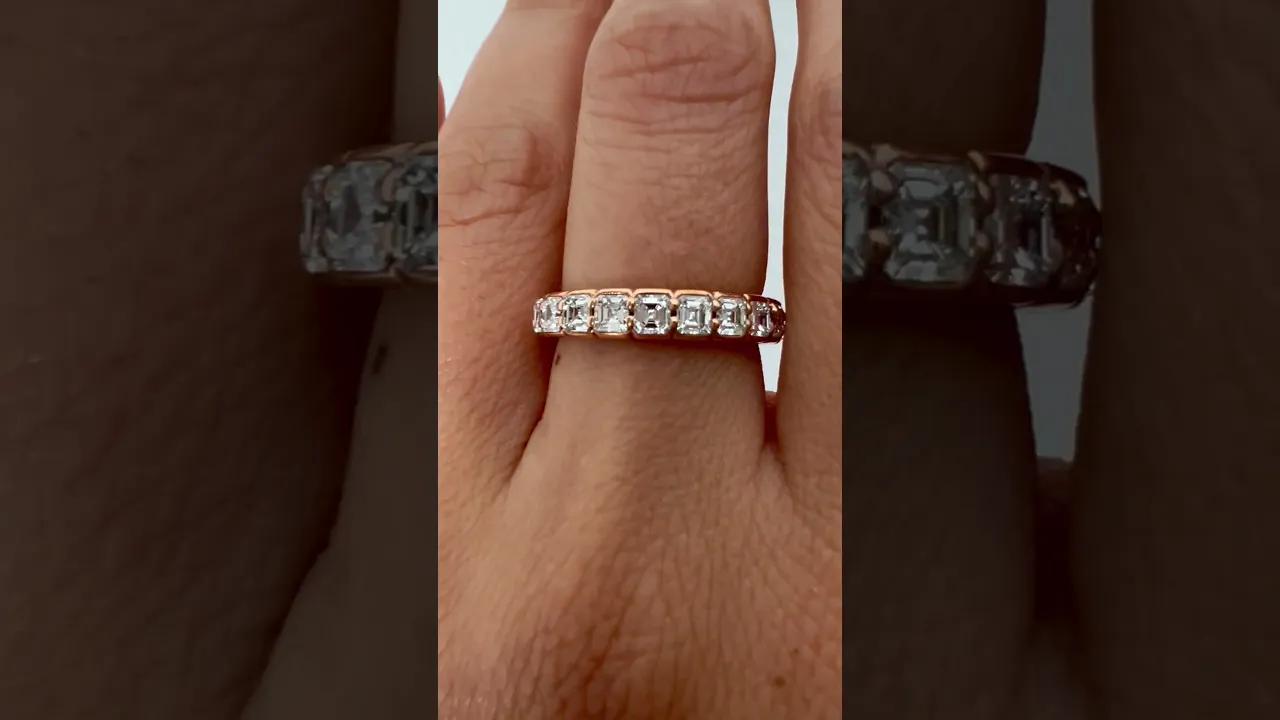 14K Gold Ascher Cut Three Quarter Way Eternity Half Bezel Set Lab Grown Diamond Wedding Band Ring