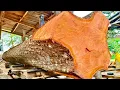 Lagu Transformation of a 20-foot mahogany stump into thick planks at a sawmill 