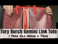 Tory Burch Gemini Link Tote Exotic Red Orange 1 year old - wear and tear and mod shots