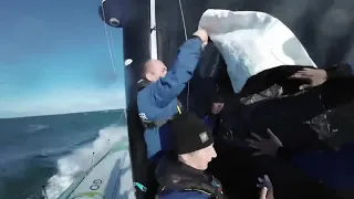 Day 2, Leg 1, The Ocean Race, Fixing Torn Main, 10 Boats Into the Atlantic with Big Wind. Report #4