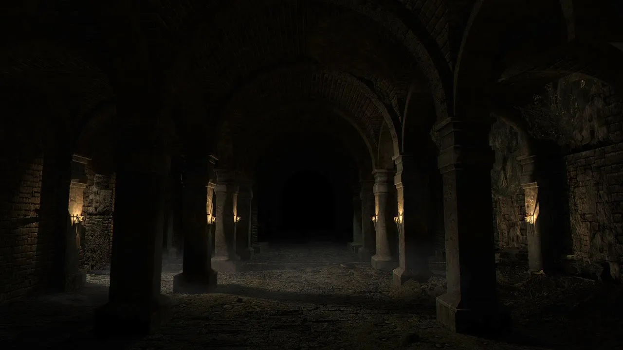 Torchlit pillars receding into a dark stone crypt