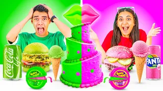 تحدي اكل يوم كامل بنفس لون ملابسنا البنفسجي ضد الاخضر 