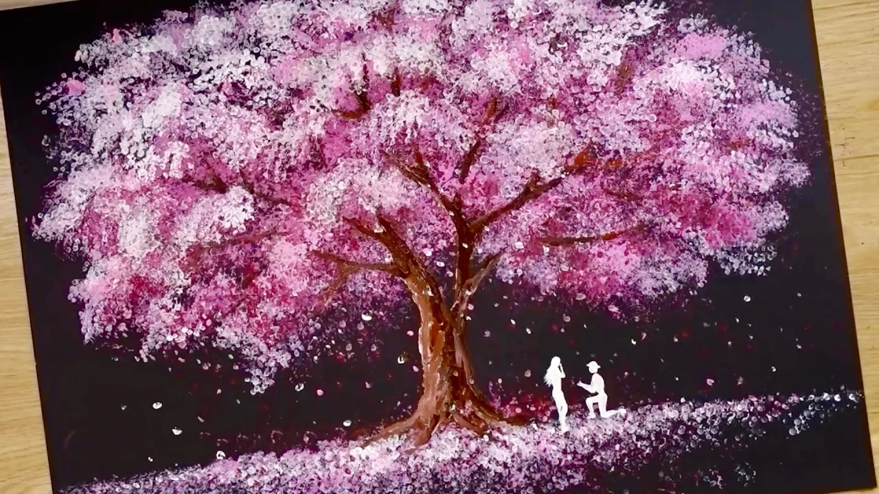 How to Paint Cherry Blossom Tree / Acrylic / With Q Tips ( Cotton Buds ) / Easy For Beginners. 