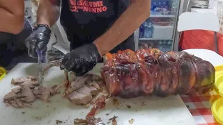 Italian Pork Roast with Peppers. Street Food.