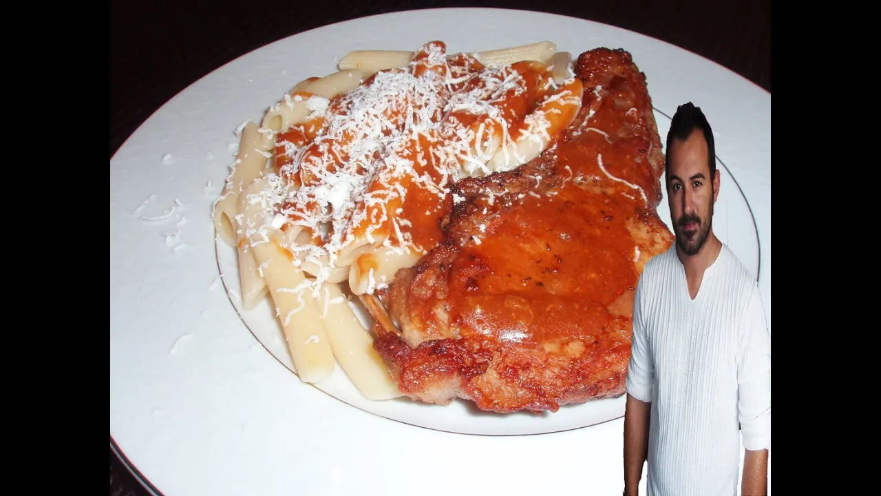 Pork steaks with pasta,sauce and feta