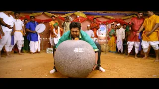 dhruva sarja lifts heavy stone in village competition radhika pandit bahaddur kannada movie scene
