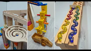 Oddly Satisfying Rolling Marbles on Wiggly Wooden Tracks | ASMR π #MarbleRun #ASMR