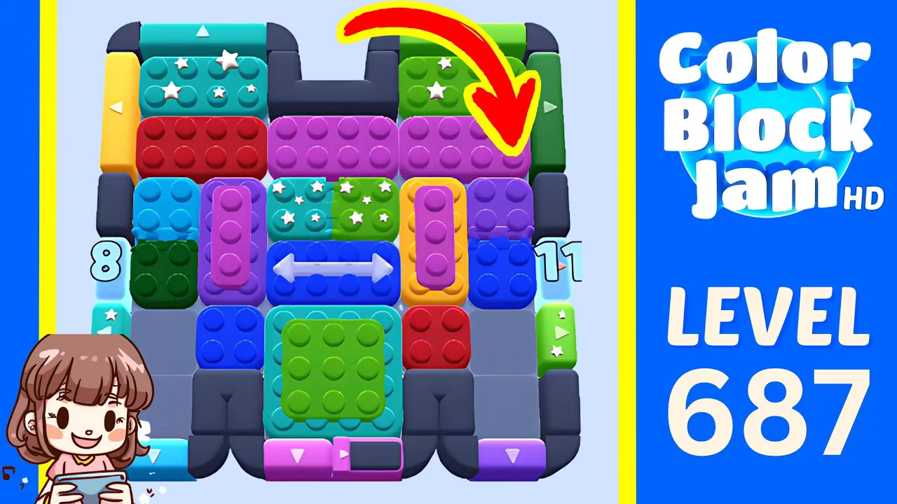 Color Block Jam Level 687 2:30 board with side counters 8 and 11 and a large central green block opening frame