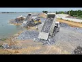 Wow Amazing Work!!DumpTruck SHACMAN Many Trasport Stone Filling Big Lake And Dozer Push