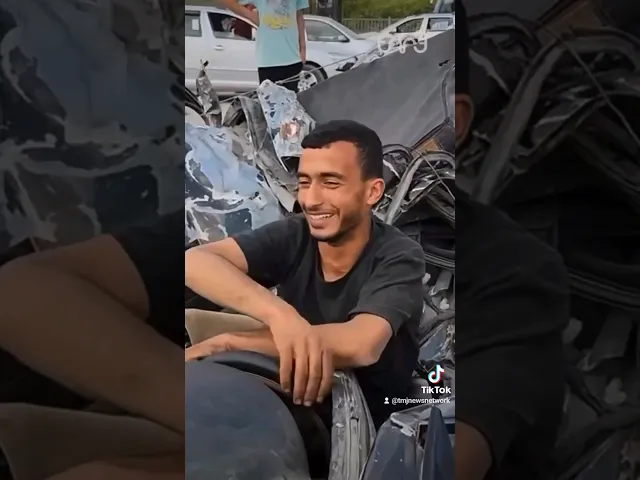 A displaced Palestinian returns to in his vehicle, which was destroyed by Israeli aggression #car