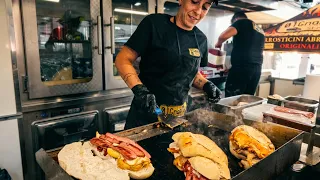 Big Sandwiches with Italian Grilled Soft Sausages "Salamelle". Street Food Fair