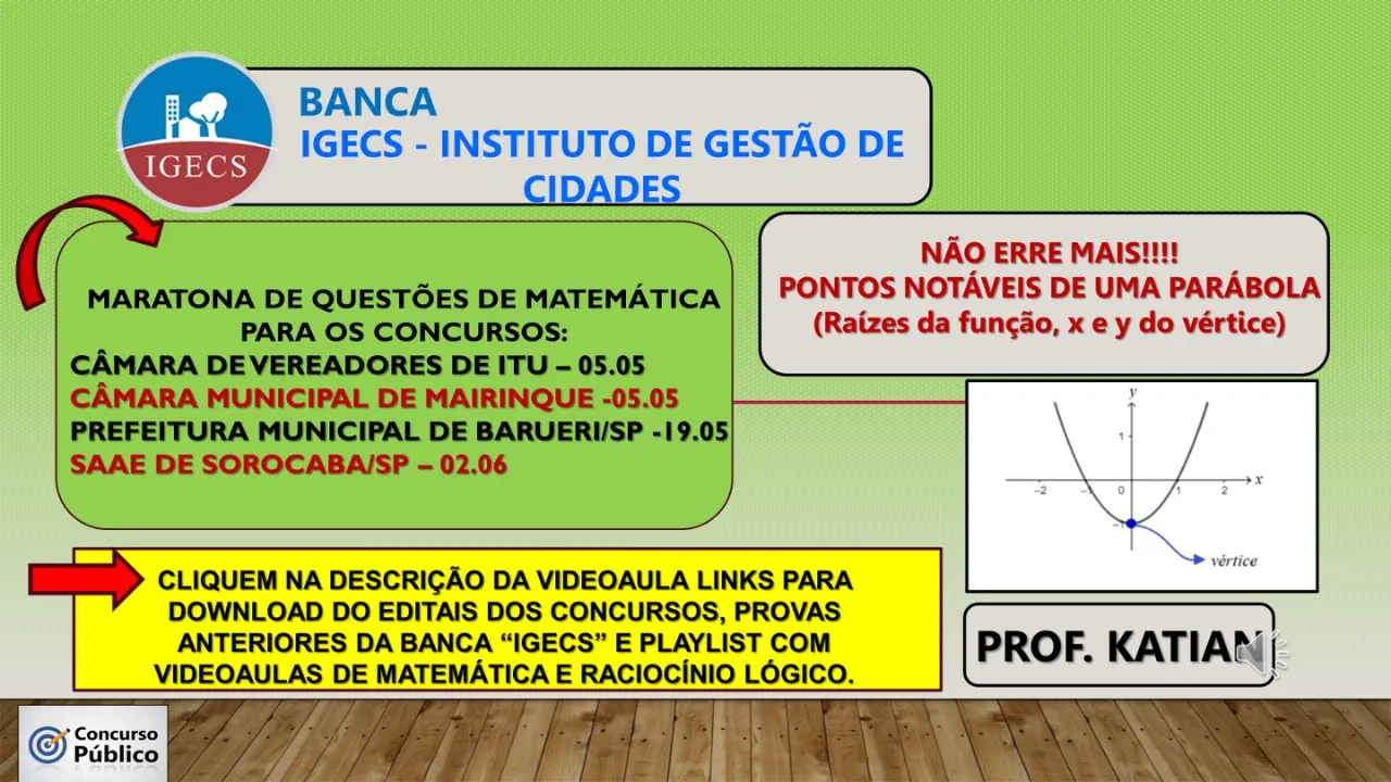 BANCAS IGECS/SHDias -Nunca erre mais!!!!! Pontos notáveis de uma parábola (Raizes, x e y do vértice)