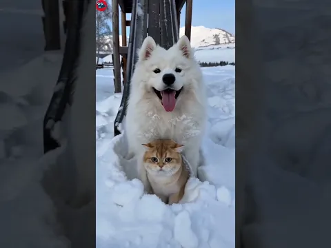 Funny dog ​​and funny cat playing on the snow slide😂