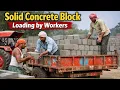 Solid Concrete Block Loading by Workers Step-by-Step Tractor Trolley Filling